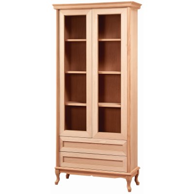 Çekmeceli Camlı 90 cm Ahşap Salon Kitaplık Dolabı Cilasız Ham